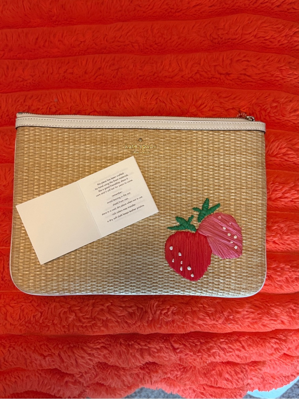 Kate Spade HAND MADE Straw Woven Pouch with Strawberry Embroidery. - Picture 4 of 11